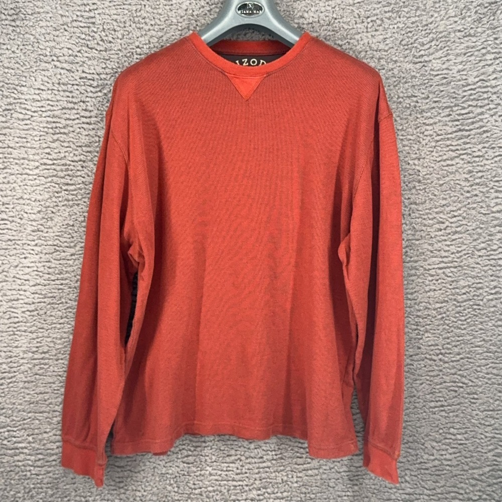 IZOD Long Sleeve Crewneck Shirt Men Large Burnt Orange Waffle Knit Crew Neck‎
